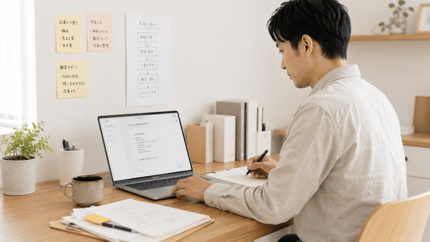記事の下書きや業務整理を進めている様子